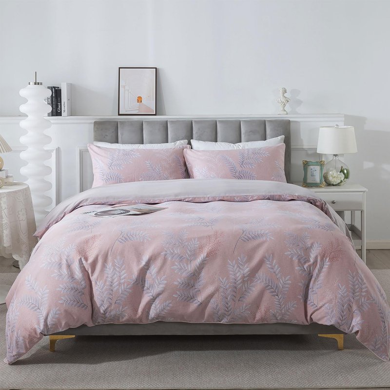 FADFAY Duvet Cover Sets Queen 100% Brushed Cotton Vintage Foliage Patterned Pink Comforter Cover Country Bedding for All Season Soft Reversible Bed Cover with Zipper 3Pcs