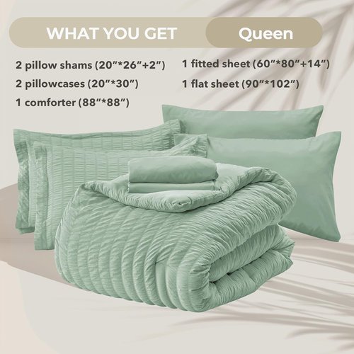 HYMOKEGE Queen Comforter Set - Sage Green Seersucker 7-Piece Luxury Bedding Set | All-Season Comfort