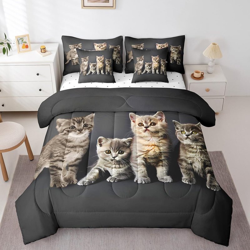 Feelyou Cat Comforter Set Twin Size 7 Pieces Girls Kids Pet Cats Bedding Set Cute Kitten Bed in a Bag for Teens Lovely Animal Bed Set with Comforter, Sheet Set, Pillowcases, Pillow Covers Room Decor