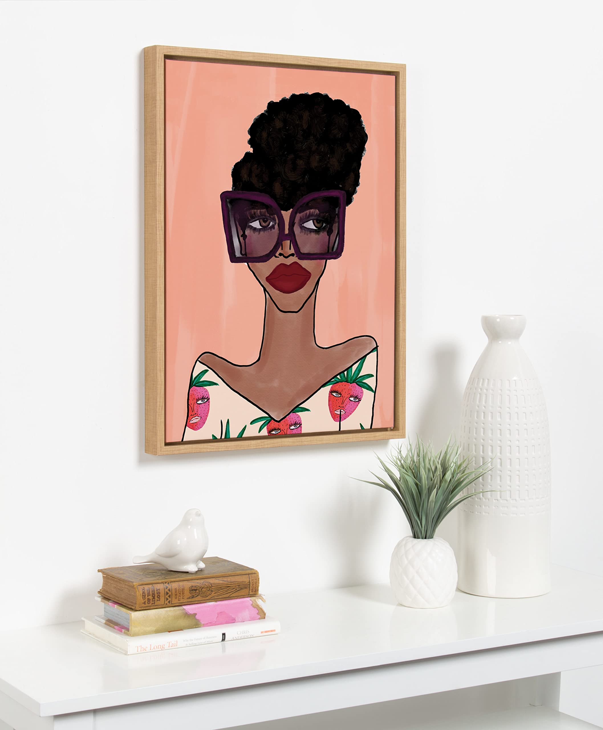 Kate and Laurel Sylvie Fashion Girl 3 Framed Canvas Wall Art by Kendra Dandy of Bouffants and Broken Hearts; 18x24 Natural; Female Face Portrait Art for Wall