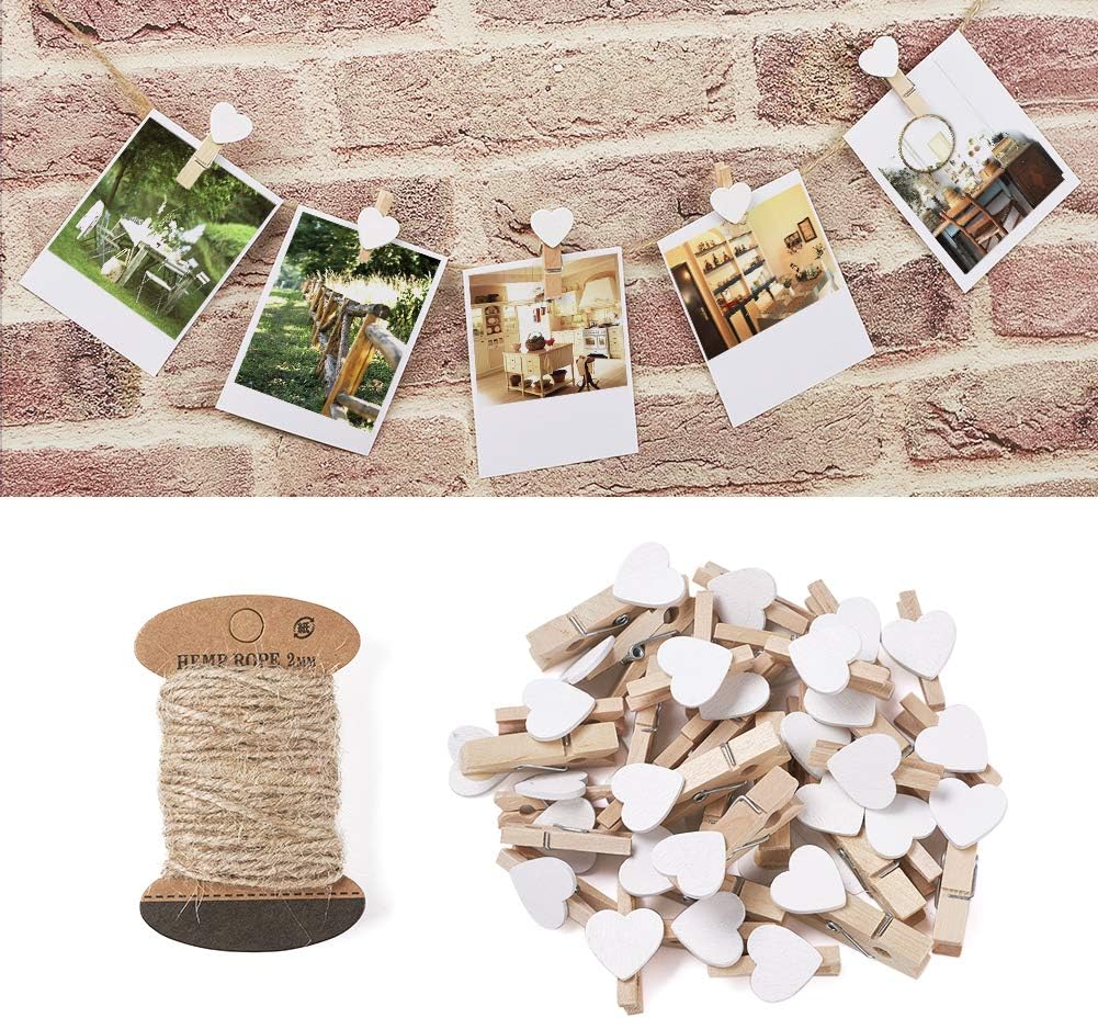 Pandahall 100 Pcs White Heart Clothespins - Wooden Photo Clips with 10.9 Yards Natural Jute Twine for Home Decor