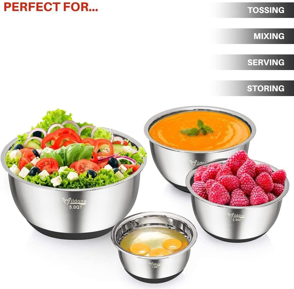 Wildone Mixing Bowls - Stainless Steel Nesting Set of 5 with Airtight Lids & Non-Slip Bottoms | 1.5-8 QT