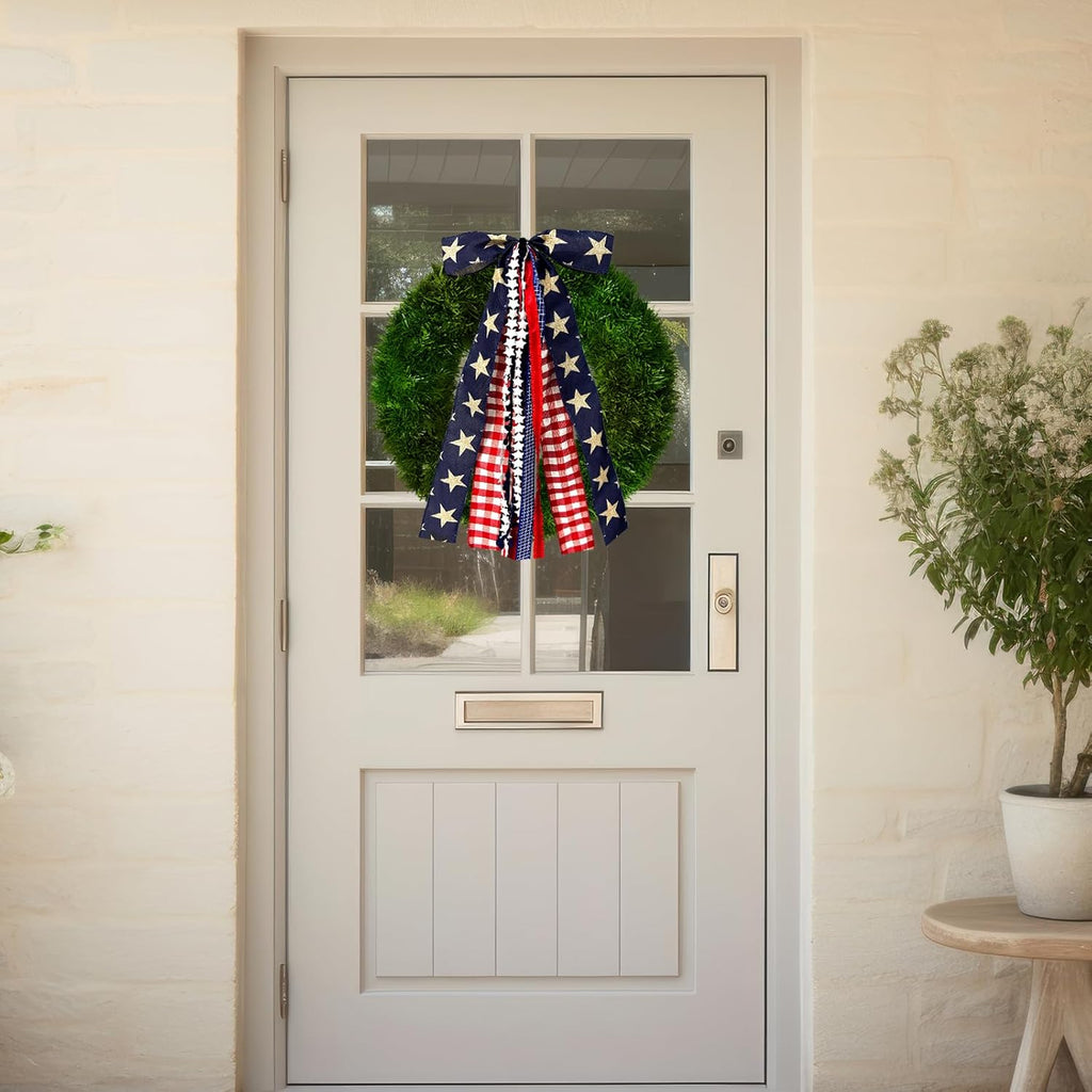 Skiennix Large Patriotic Star Ribbon Bow - Red White Buffalo Plaid Fabric Set for 4th of July Decor