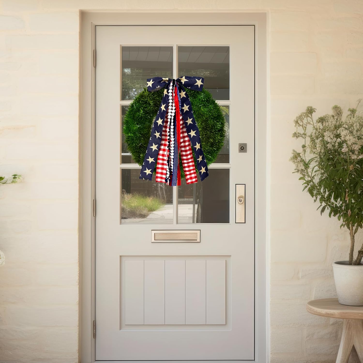 Skiennix Large Patriotic Star Ribbon Bow - Red White Buffalo Plaid Fabric Set for 4th of July Decor