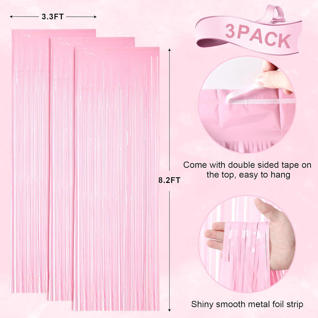 Voircoloria Foil Fringe Backdrop Curtains - 3 Pack Tinsel Streamers in Pastel Pink | Perfect for Parties, Graduations, and Baby Showers