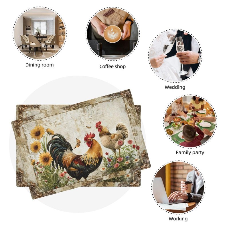 Rooster Placemats Set of 6 Farmhouse Roosters Imitation Linen Placemat Vintage Rustic Chicken Heat Resistant Dining Daisy Flowers Table Place for Kitchen Indoor Restaurants Party 12''x18''