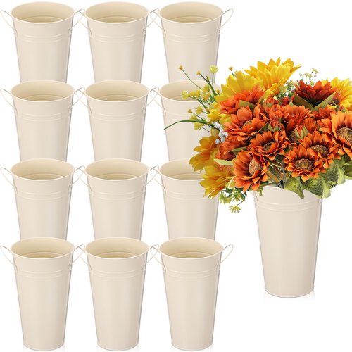 Chumia 12 Pcs Galvanized Flower Bucket 9 Inch Metal Vase Farmhouse Rustic French Flower Bucket with Handles for Home Floral Centerpiece Container Wedding Table Decor(Beige)