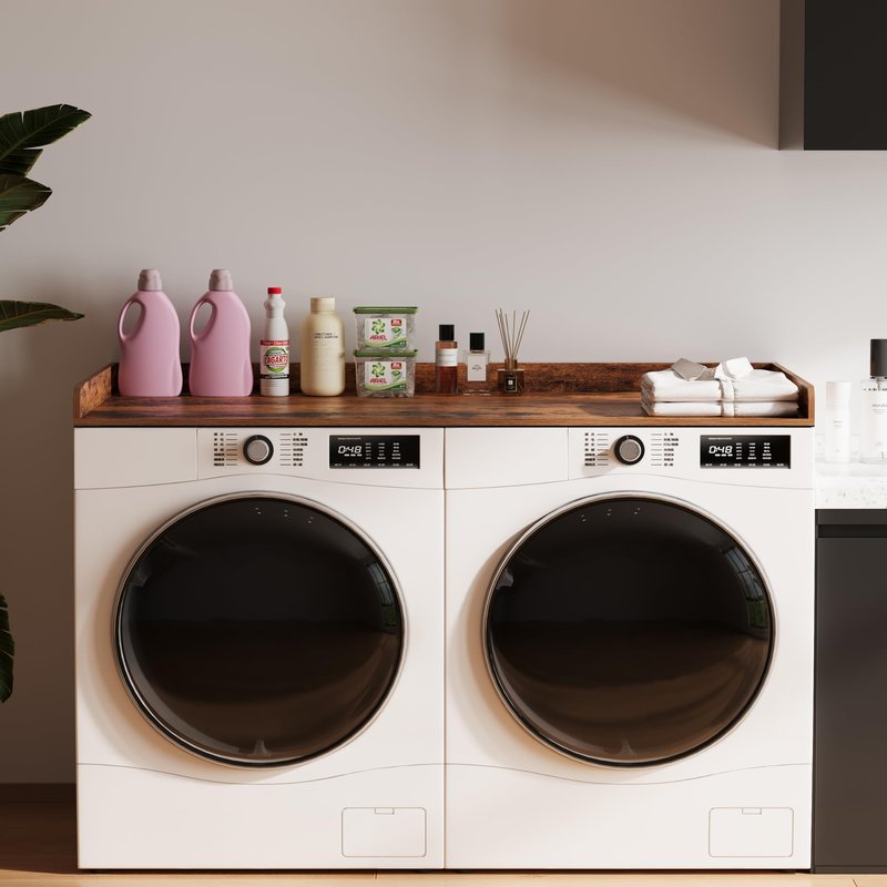 Unionly Washer Dryer countertop with Edge Rails and Non-Slip Mat,Wooden Laundry Countertop for Laundry Room Storage Organization (Rustic Brown, Full)