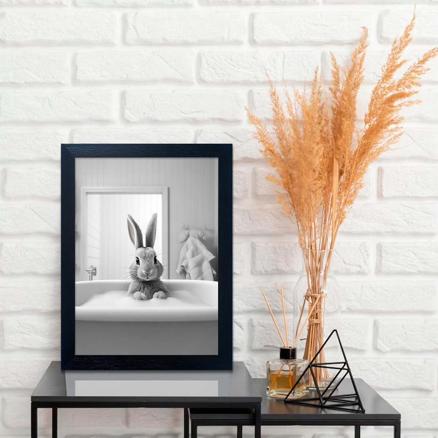 Regine Switzerland Kids Bathroom Decor - Cute Black and White Animal Canvas Wall Art | Funny Rabbit in Bathtub
