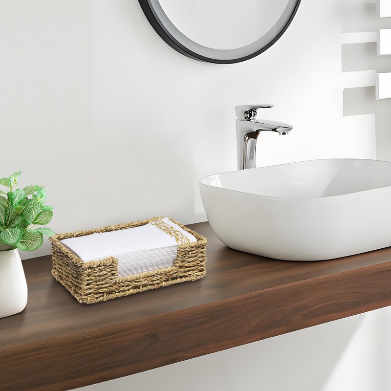 Tadacumir Disposable Guest Towel Holder Tray for Bathroom, Seagrass Paper Hand Face Towel Napkin Holder Long Rectangle Woven Napkin Ratten Wicker Dinner Basket