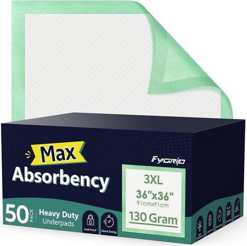 Fygrip Washable Underpads - 36” x 54” Extra Heavy Absorbency & 50 Count Disposable Underpads - 36” x 36” Max Absorbency