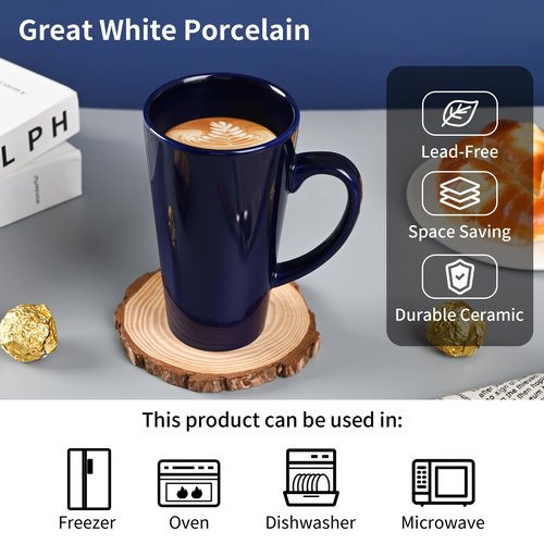 BYCNZB 16oz Funnel Ceramic Tall Coffee Mugs for Coffee, Tea, Cocoa, Latte, Milk set of 4(Cobalto)