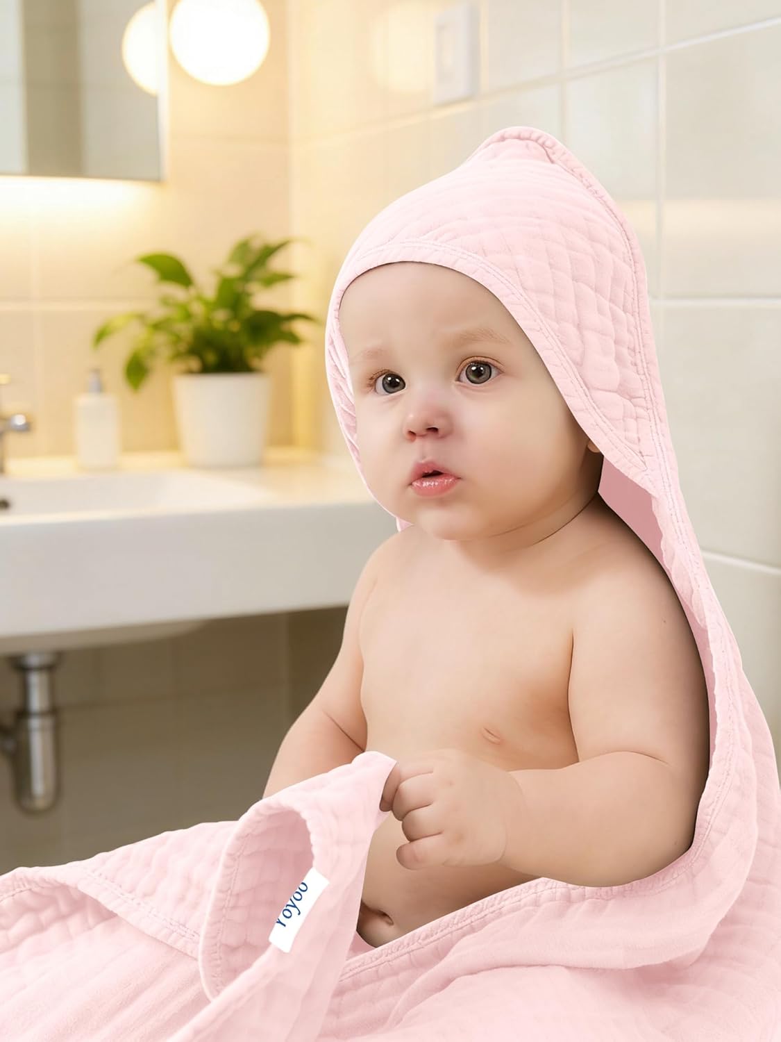 Muslin Hooded Baby Bath Towels - Ultra-Soft 100% Cotton | 3 Pack for Newborns & Toddlers - 32x32 Inch, Quick-Dry Pink Series