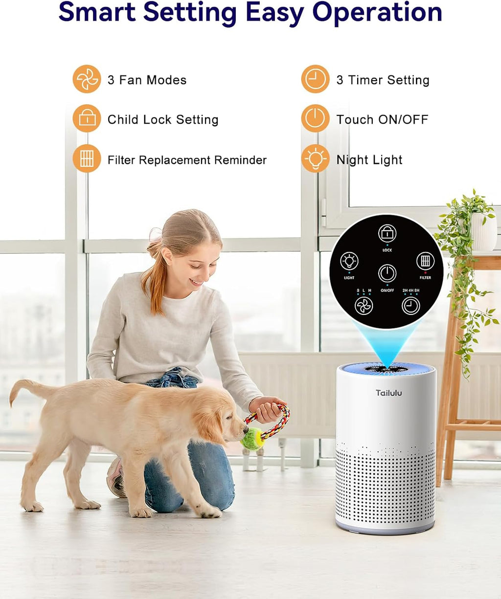 Tailulu H13 True HEPA Air Purifier - Portable 1200 Ft² Cleaner with 12dB Sleep Mode & Timer | Ideal for Pets, Dust & Odors