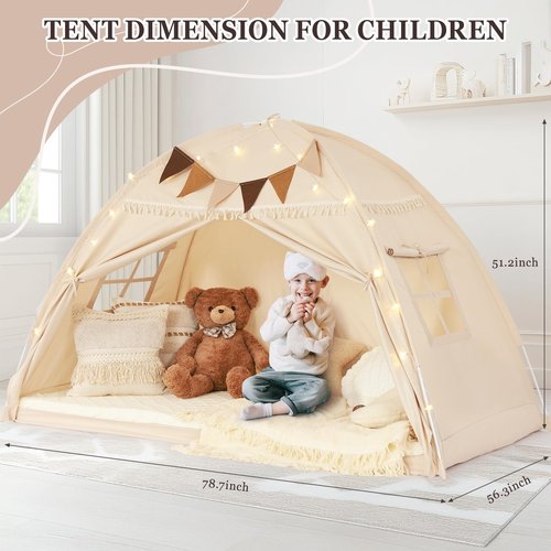 Lanabuna Full Size Bed Tent Canopy, Kids Play Tent with Flags & Star Lights, Canopy on Bed Privacy Space Sleeping Blackout Tents, Indoor Breathable Portable & Foldable, XL-Large Cream Tassels Style