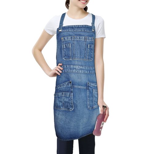 Upguider Denim Apron with Pockets Adjustable Jean Cooking Aprons with Multi Pockets for Kitchen Cooking BBQ Gardening (Blue)