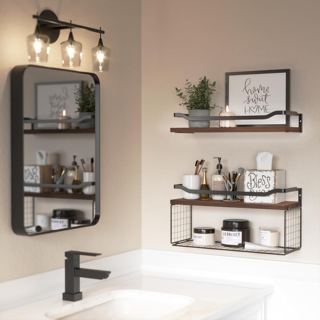 WOPITUES Floating Shelves - Wood Wall Storage with Wire Basket & Metal Guardrail | Dark Brown
