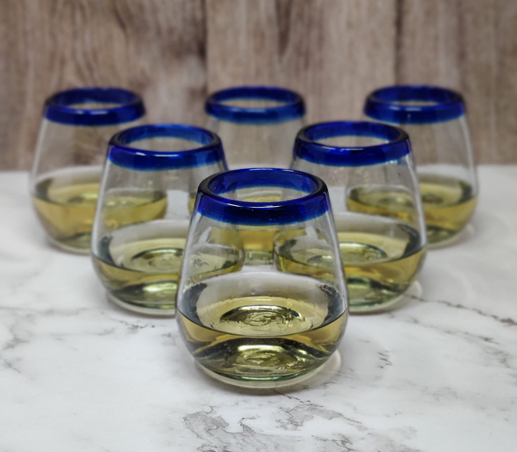 Dos Sueños Hand Blown Mexican Stemless Wine Glasses - Set of 6 Glasses with Cobalt Blue Rims (15 oz)