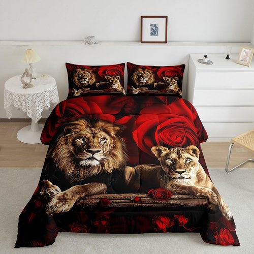 Feelyou Lion Comforter Set Queen Size Kids Red Rose Floral Comforter for Boys Girls Teens 3D Wild Animal Pattern Bedding Set Romantic Flower Duvet Set Valentine's Day Quilt