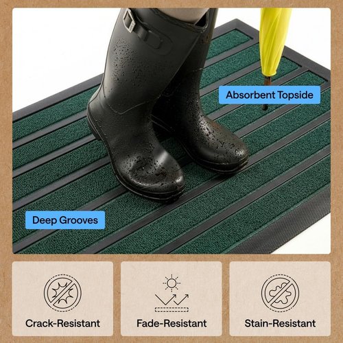 GORILLA GRIP Waterproof All-Season WeatherMAX Doormat - Natural Rubber, Stain Resistant, 29x17, Green Stripe