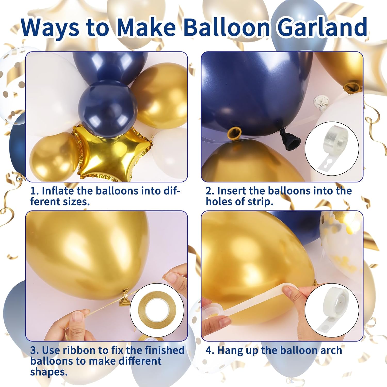RUBFAC Balloon Garland Arch Kit - 167pcs Navy Blue, Gold & White Balloons with Confetti & Star Foil for Parties
