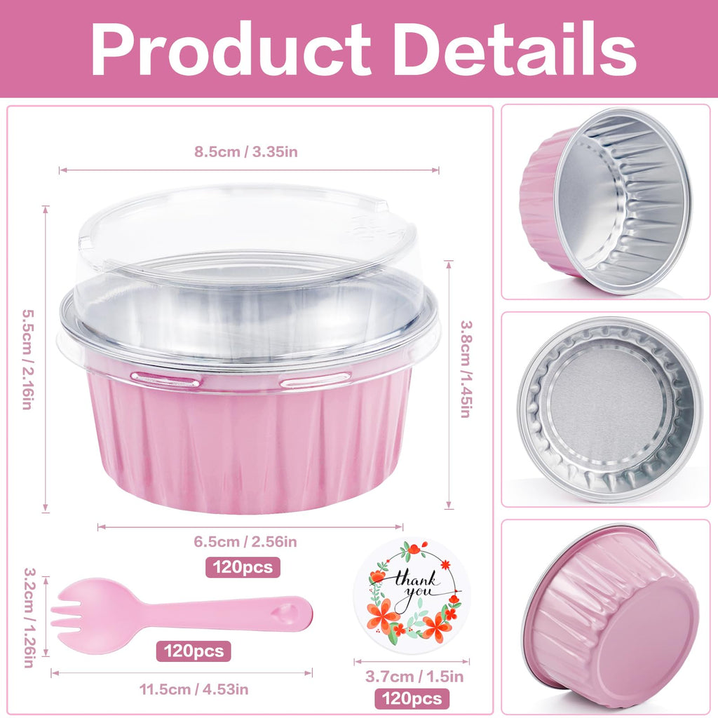 ZOXILEN 120Pcs Mini Cake Pans with Lids Aluminum Foil, 5oz Disposable Mini Loaf pans with Lids and Spoons, Small Baking Cups Pie Tins Muffin Pan Cheesecake Containers for Party Pink Round