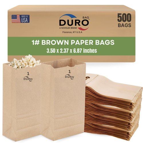 Duro 1# Dubl Life Self-Opening Sack 30#, Recycled Kraft Small Brown Paper Bags Lunch Size, Bulk Mini Food Take-Out Bags for Coffee, Sandwiches, Popcorn, Cookie Snack, & Candy Treats - 500 Count