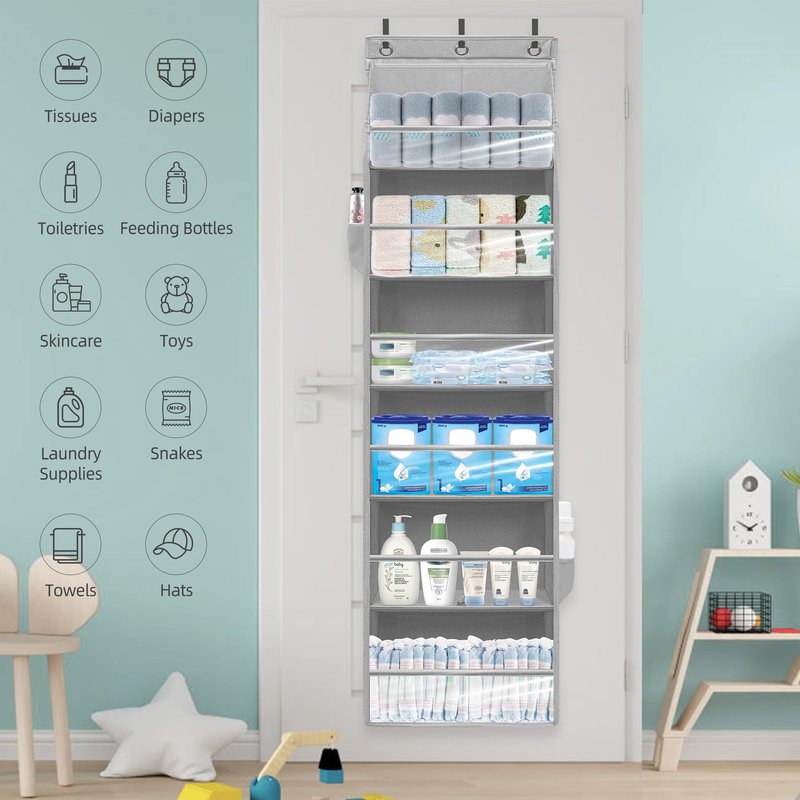 STORAGEIDEAS Over Door Organizer with 6 Extra Large Pockets 12 Side Pockets, 2-Pack Sturdy Closet Rack, Hanging Storage Organizer with Clear Window for Shoes, Diapers, Toys, Bedroom, Bathroom, Grey