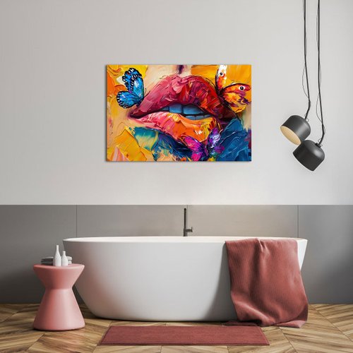 iHAPPYWALL Abstract Lip Canvas Wall Art Graffiti Paintings Colorful Mouth Butterfly Picture Pop Art Posters Prints Modern Romantic Bedroom Decor Framed