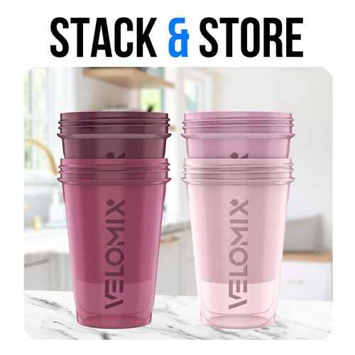 VELOMIX -4 PACK- 20 oz Protein Shaker Bottle for Protein Mixes - 4x Wire Whisk | Leak Proof Shaker Cups for Protein Shakes | Stackable Protein Shaker Bottle Pack | Dishwasher Safe (Berry Blend)