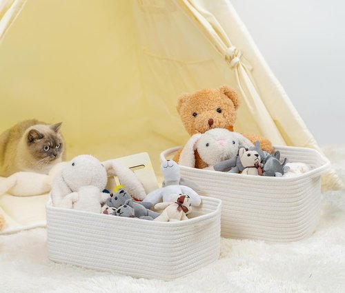 CubesLand Small Cotton Rope Basket - Cute & Durable Organizer for Toys, Bathroom, or Closet - White
