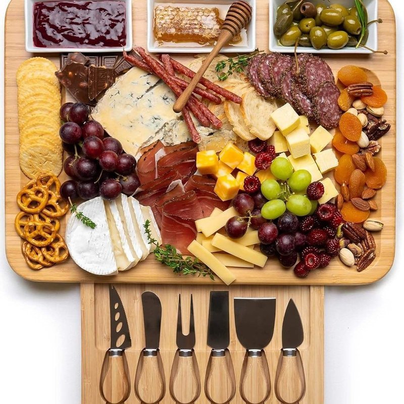 Charcuterie Boards，Cheese Board in cludes 6 Cheese Knives, 3 Seasoning Plates, with Platter and Drawer, Matching for Gatherings, Outing Door Use