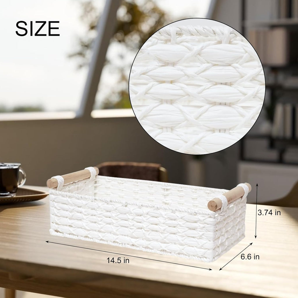 Small Wicker Storage Basket by [Brand Name] - Decorative Organizing Bins with Handle | White Set for Countertops & Toilets