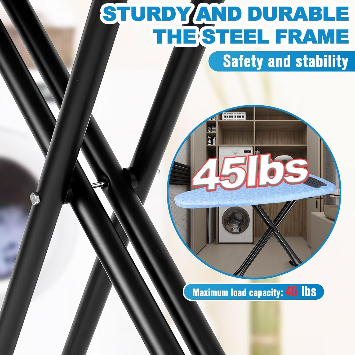 Skiennix Ironing Board - Heavy Metal Frame with Silicon Iron Mat | Foldable & Adjustable 13x43in