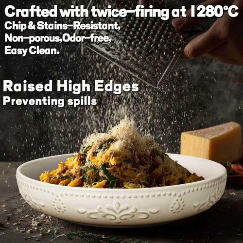 Artena Pasta Bowls - 50oz Large Salad Serving Bowls | Set of 4 White Ceramic Dinner Bowls, Microwave & Dishwasher Safe