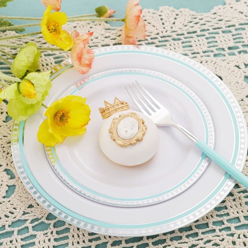 COLOSUS 125pcs Disposable Silver Blue Plastic Plates and Silverware .Light baby blue dinnerware party set include 25 Dinner Plate 25 Dessert Plate 75 silverware for Easter day Party Dinner