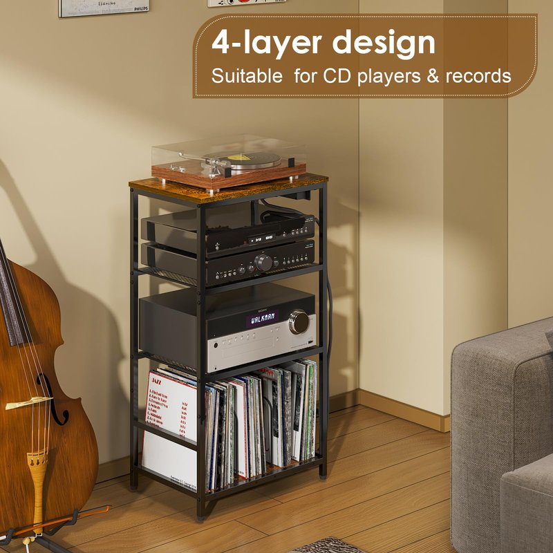 Huxitocan Record Player Stand with Storage, 4 Tier Turntable Stand with Vinyl Record Storage, Stereo Cabinet with Record Holder, Media Stand with Outlets for Entertainment Center
