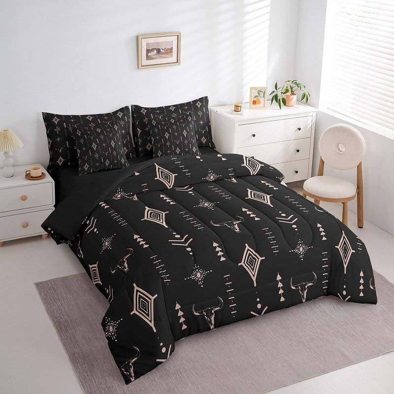 Feelyou Rustic Western 7 Piece Bedding Set Queen Size Kids Western Tribal Bull Skull Bed in a Bag Adult Black Brown Boho Ethnic Aztec Cow Pattern Comforter Set with Sheets