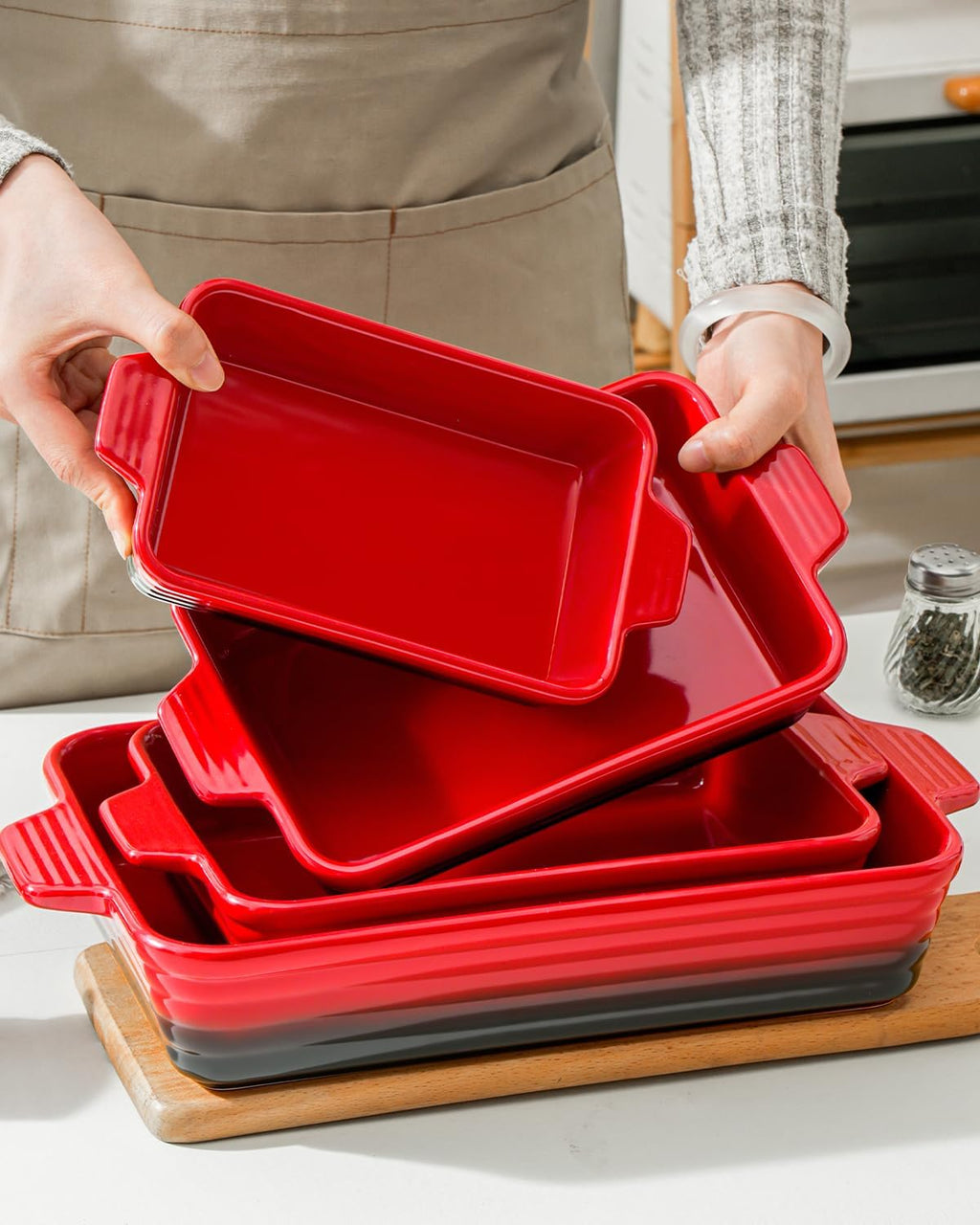 Regine Switzerland Casserole Dishes - Heat-Resistant Ceramic Bakeware Set of 4 | Red, 9.4"-14.7" Sizes