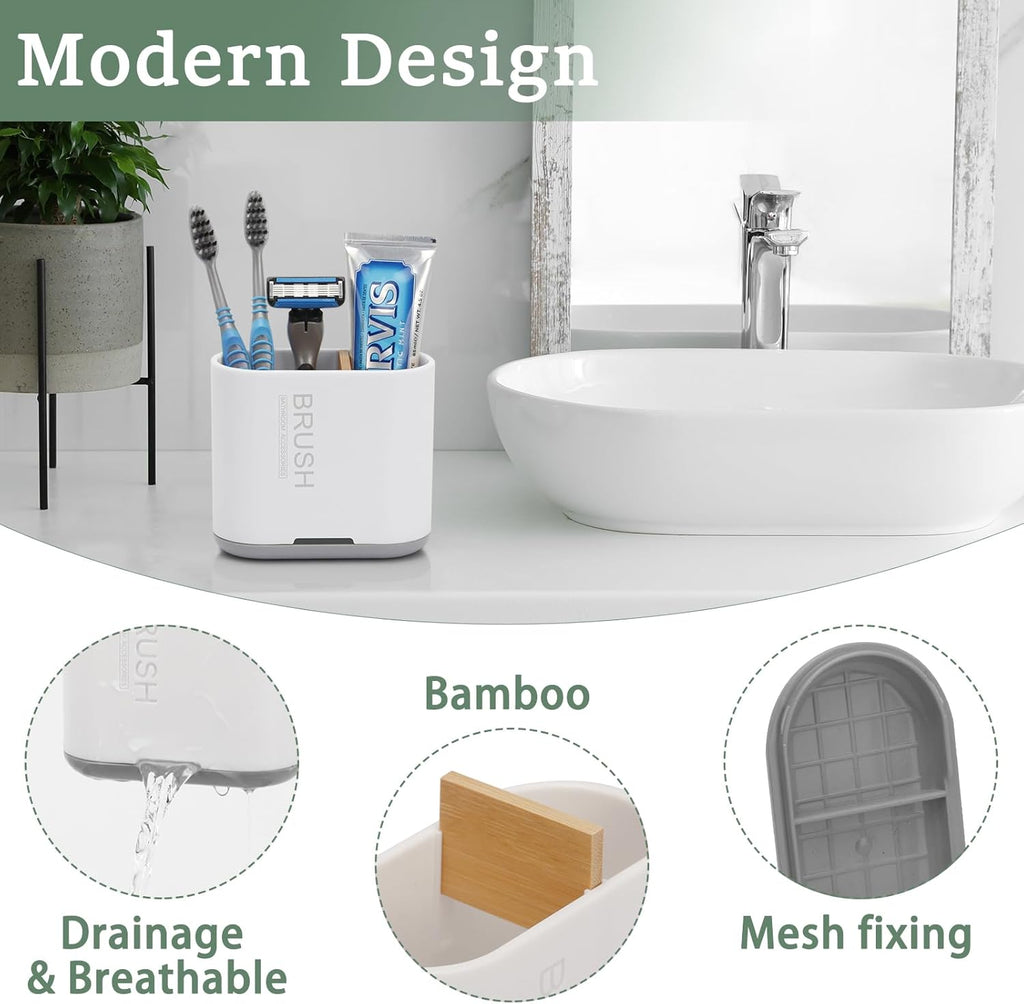 Skiennix Toothbrush Holder - Bamboo Divider Bathroom Organizer with 2 Slots | Easy Clean & Drainage - White