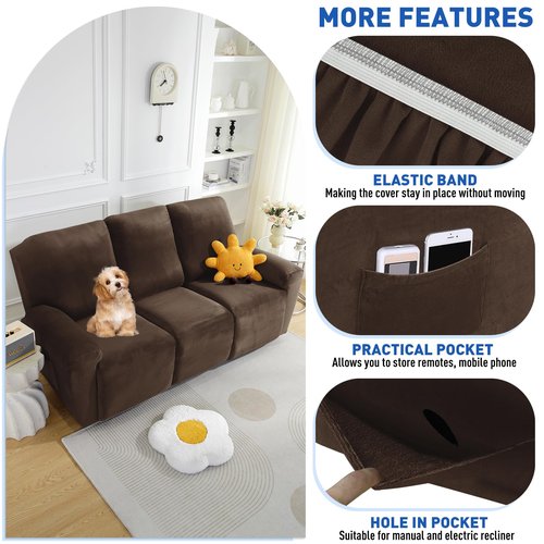 MAXIJIN 8 Pieces Recliner Sofa Covers, Stretch Velvet Reclining Couch Covers for 3 Cushion Furniture Covers, Thick, Soft, Washable Reclining Sofa Slipcovers (Sofa Recliner, Dark Coffee)