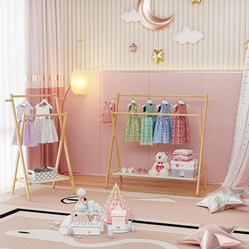 BAMBOOHOMIE Kids Clothing Rack With Storage Shelf & Double Rods, Foldable Dress Up Clothes Rack for Toddler Nursery, Child's Room, 100% Natural Bamboo (Large Size)