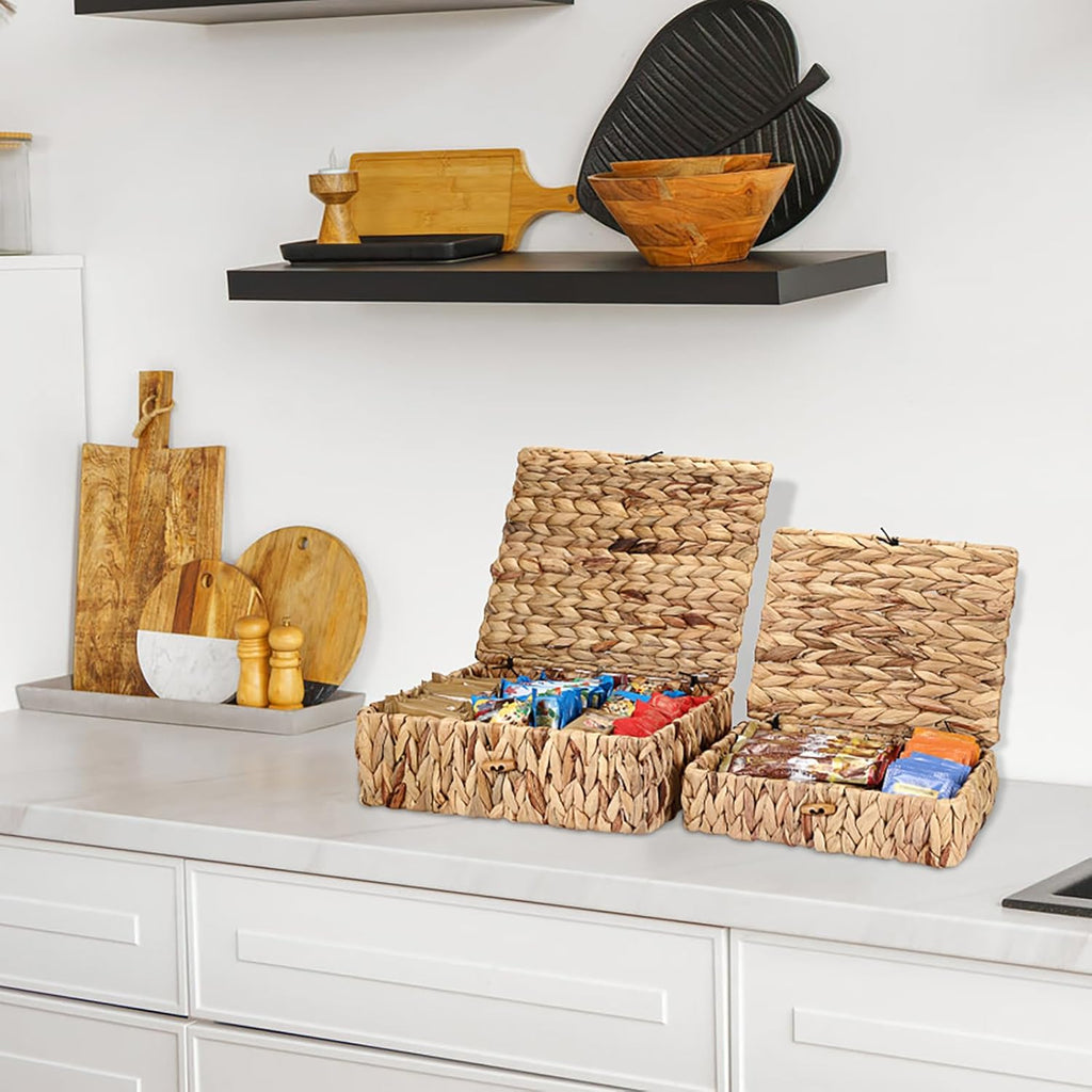 Regine Switzerland Handwoven Shelf Basket Set - Natural Water Hyacinth Bins with Lids for Stylish Home Organization