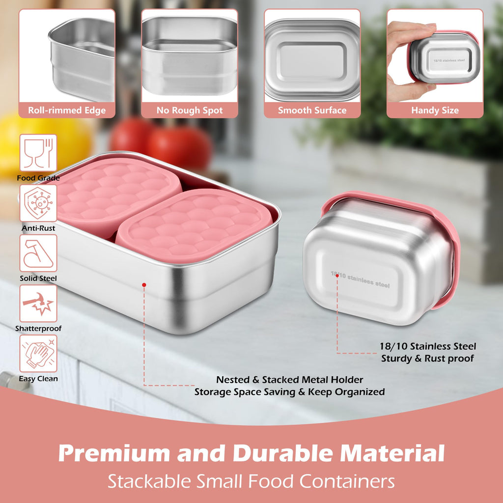 E-far Stainless Steel Lunch Containers for Kids, 3-Piece (8OZx2 & 25OZ) Bento Box Snack Food Container with Leak-proof Silicone Lid, Metal Storage for Toddlers Child School Picnic, Pink