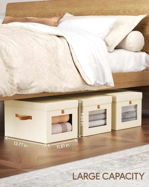 Homsorout Storage Bins - Foldable Fabric Organizer with Lid & Clear Window | 3-Pack Beige for Clothes Storage