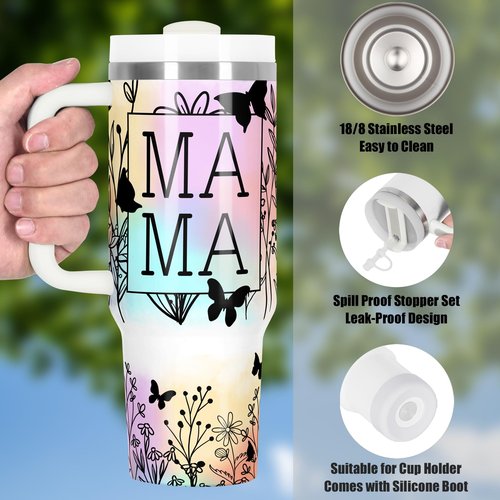 Temolulu 40 Oz Stainless Steel Mama Tumbler with Handle, Insulated Double Wall Vacuum for Cold & Heat Preservation, Great Mother's Day Gift