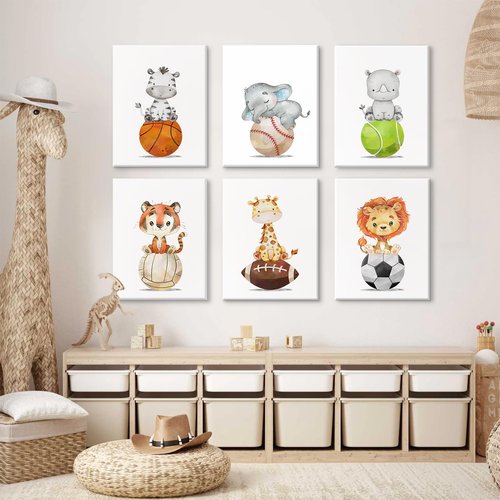 Baby Boy Wall Art Nursery Sports Decor Safari Animal Canvas Wall Art Woodland Baby Boy Room Poster Prints Nursery Artwork Pictures for Bedroom 12x16 set of 6 Inch Wrapped Canvas