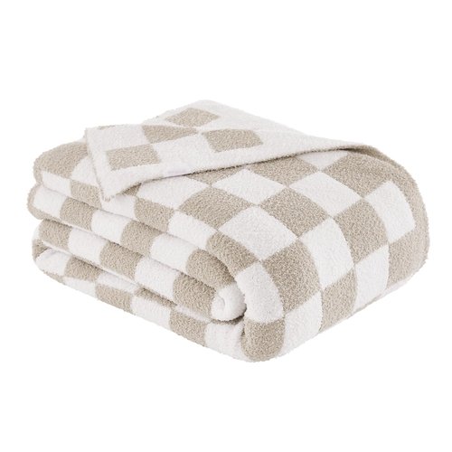 Cozzenity Checkered Throw Blanket, Taupe Soft Cozy Fluffy Knitted Throw Blankets for Couch, Sofa, Bed, Chair, Warm Fuzzy Travel Picnic Lightweight Plaid Blanket, 50x70 inches