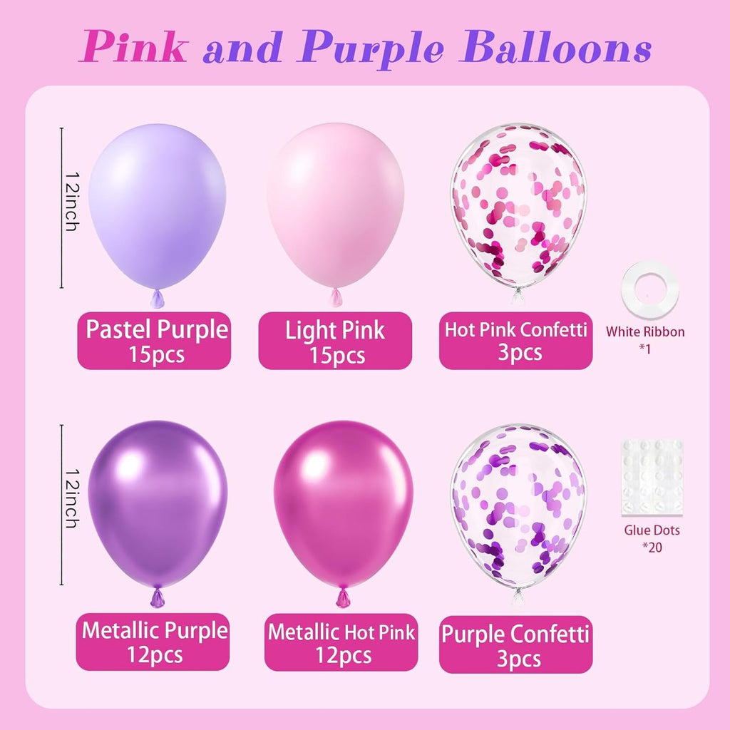 Skiennix 61-Piece Pink & Purple Balloon Set - 12-Inch Confetti & Metallic Balloons for Bridal, Baby Shower, and Birthday Celebrations