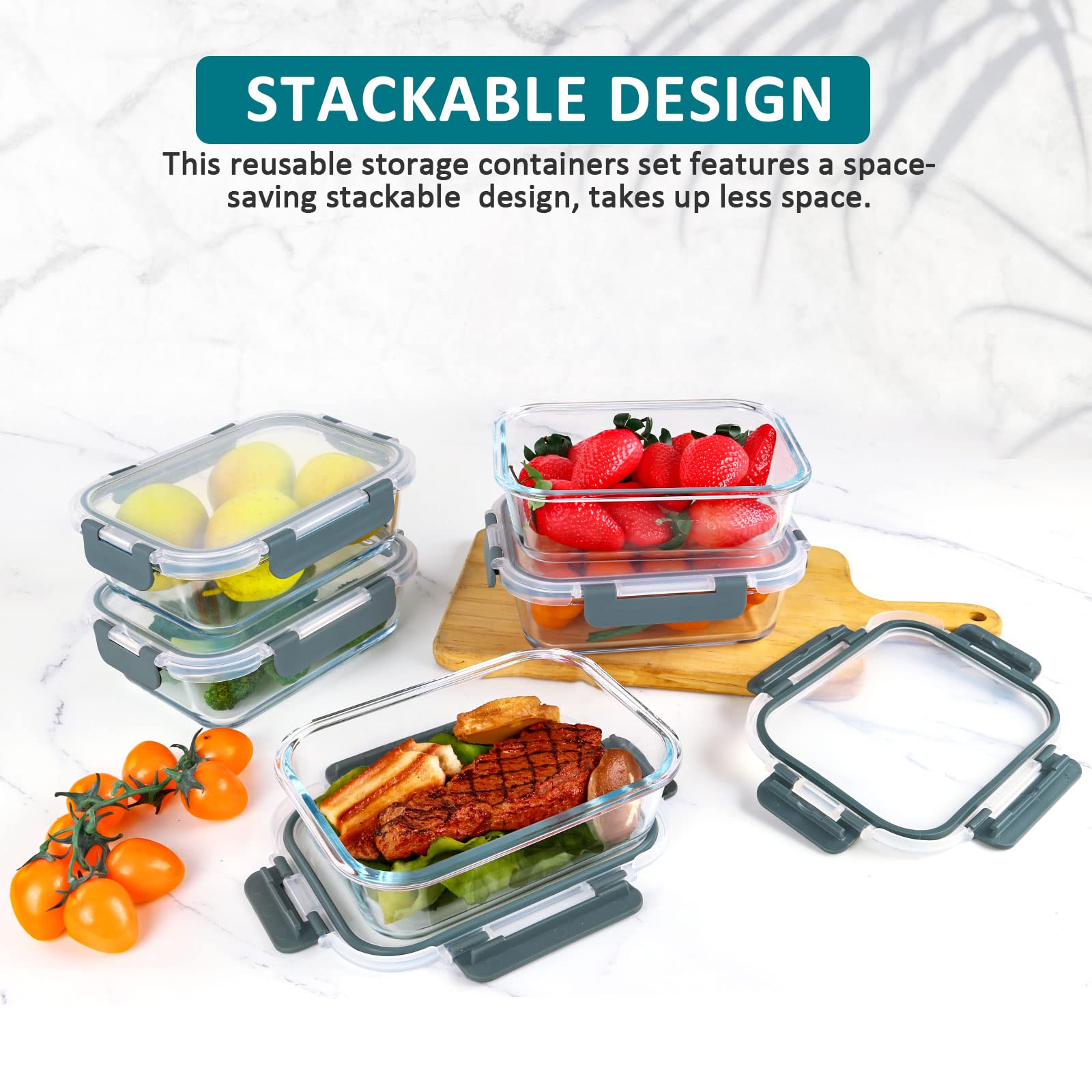 [5-Packs, 30 Oz] Glass Meal Prep Containers with Snap Locking Lids Glass Food Containers,Airtight Lunch Container,Microwave, Oven, Freezer and Dishwasher